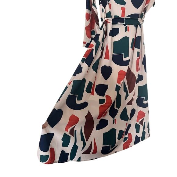Mosaic Print Shirt Dress - Blue Orange Cream Green Belted Button Down - S - Picture 5 of 10